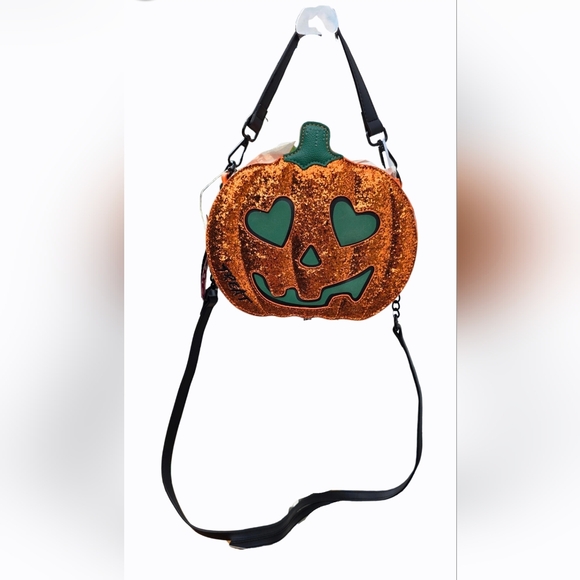 NWT Betsey Johnson Orange Glitter Glow-In-The-Dark Trick Or Treat Pumpkin Bag - Picture 1 of 11